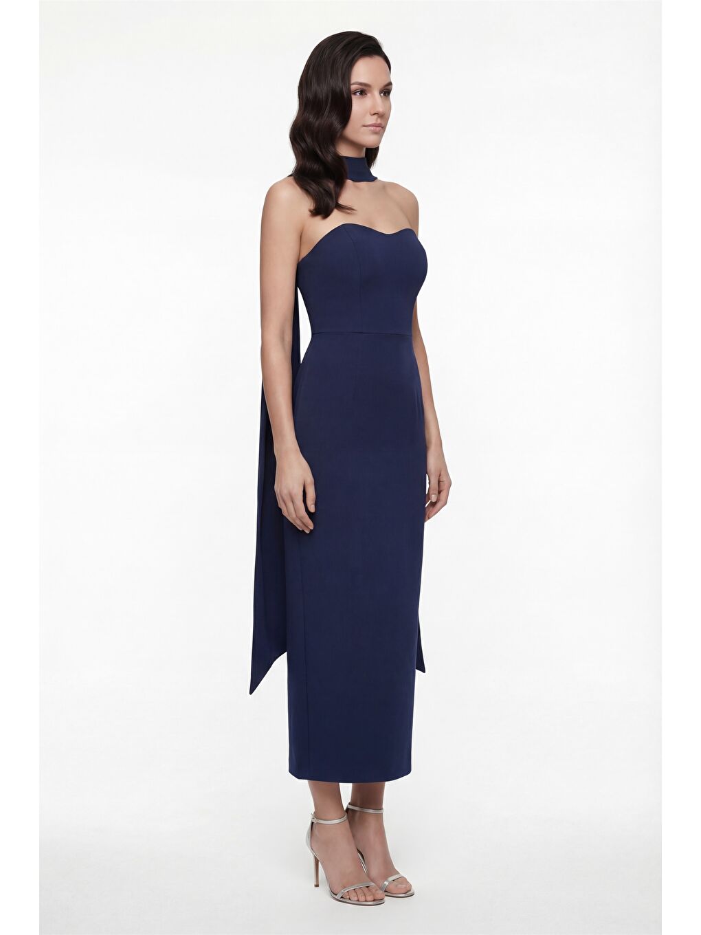 Kadın Lacivert Şal Yaka Midi Söz Nişan Nikah Abiye Elbise-2