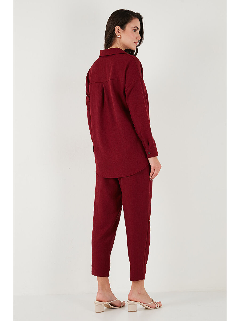 Bordo Keten Karışımlı Regular Fit Lastikli Bel Uzun Kollu Kadın Alt Üst Takım 6696622-6