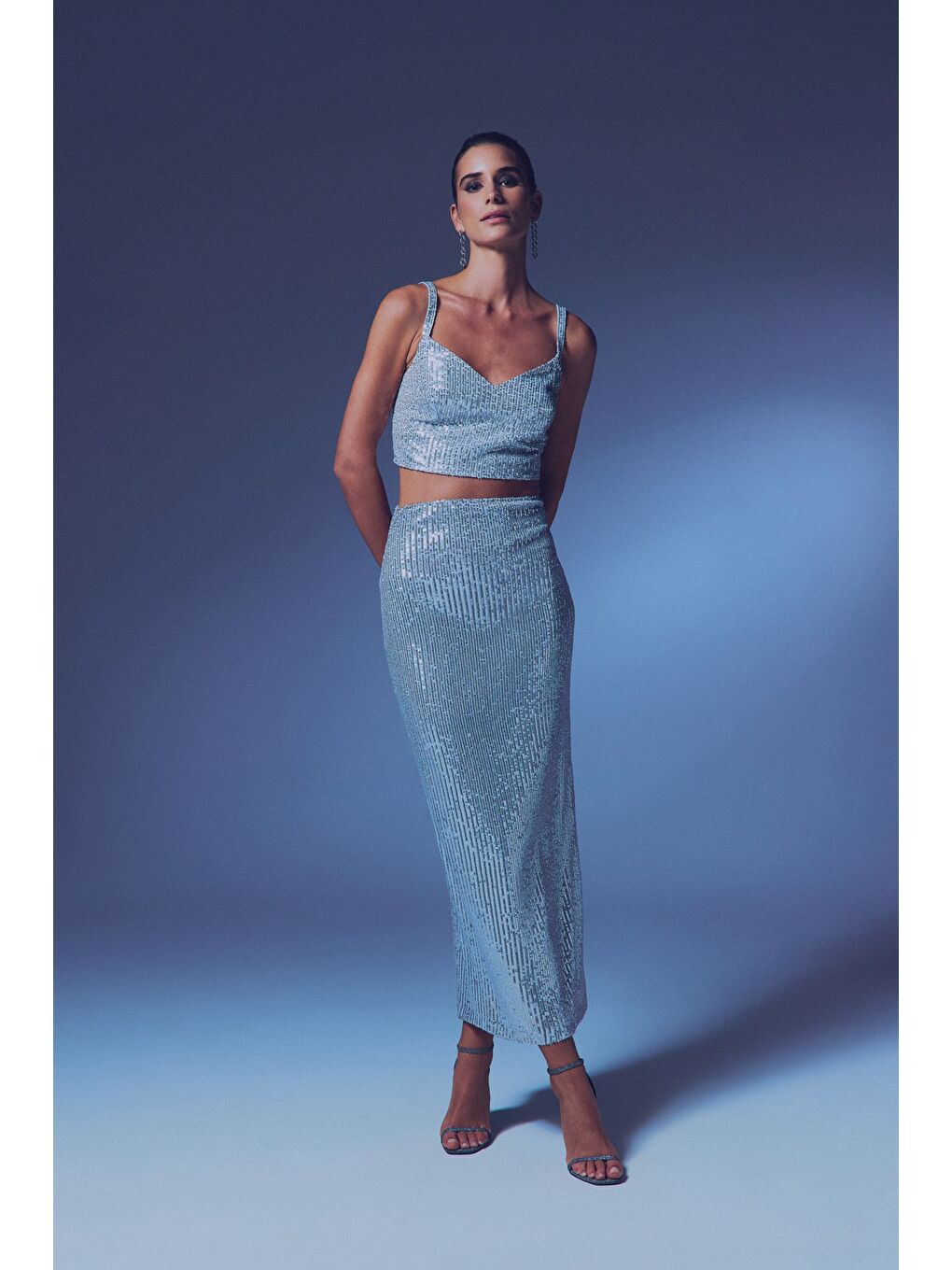 Gri Fermuarlı Karolin Midi Etek - Gümüş-2