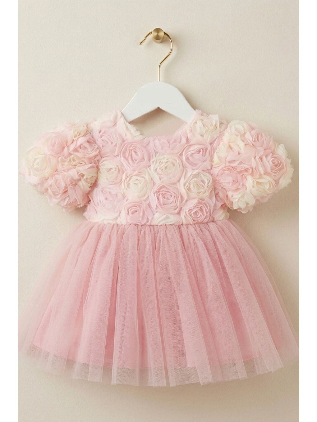 Pembe Gül Detaylı Fiyonklu Bebek Abiyesi-3