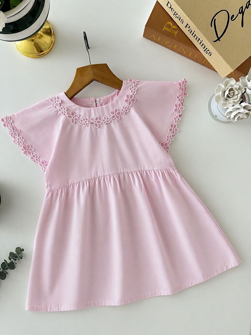Kız Çocuk Pamuklu Pembe Çiçek Güpür Detaylı Elbise-2