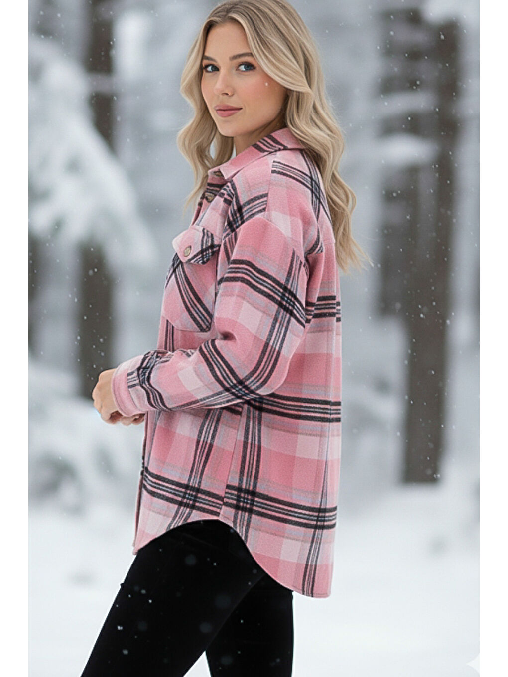 Pembe-Siyah Gömlek Yaka Manşetli Kollu Ekose Çift Kapaklı Cepli Kalın Oversize Dokuma Gömlek 68 66-2