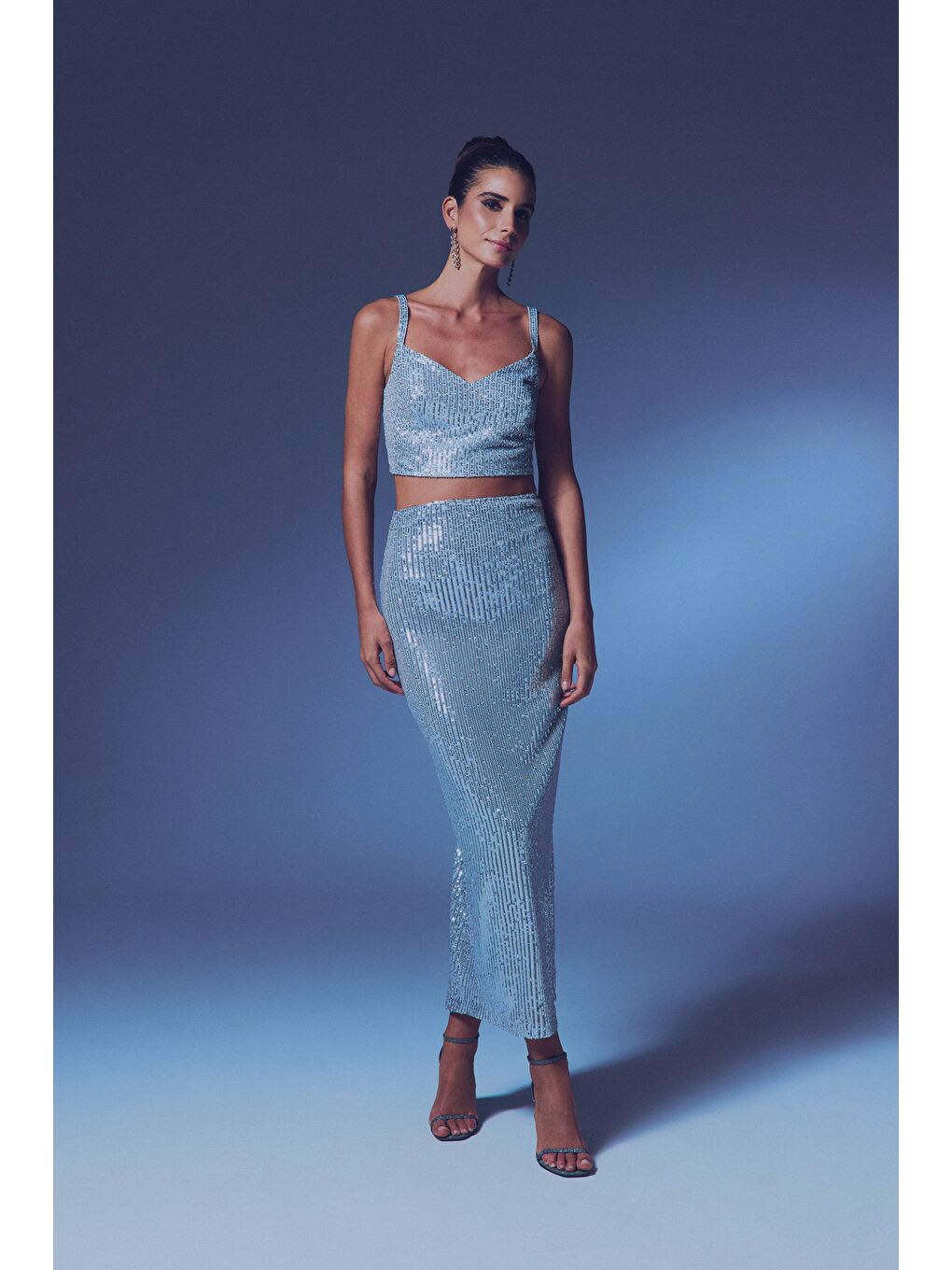 Gri Fermuarlı Karolin Midi Etek - Gümüş-3