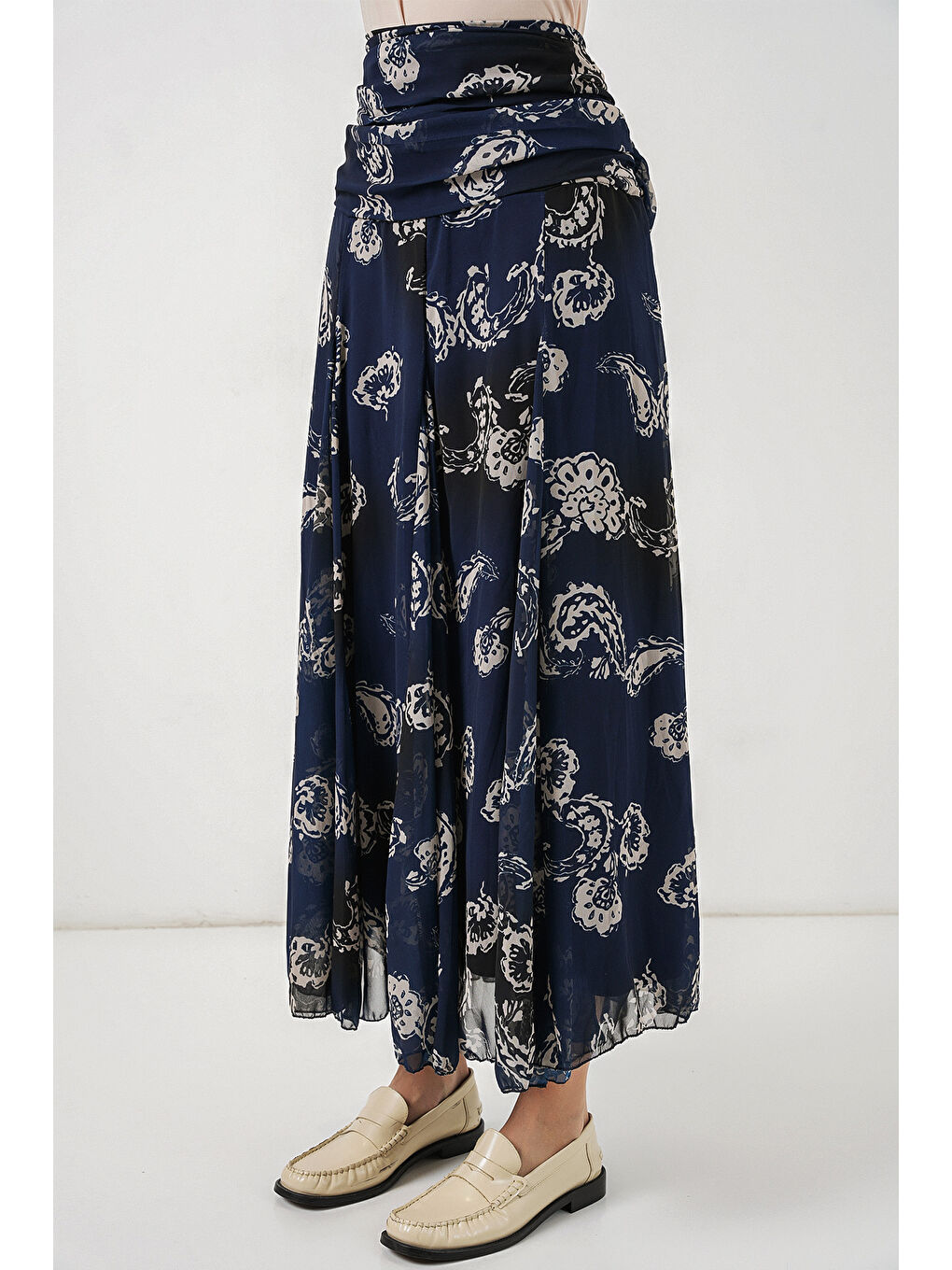Kadın Desenli Şifon Etek 8057 - Lacivert-3