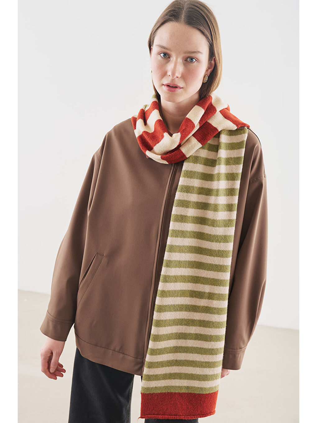 Çizgili Uzun Atkı Ekru