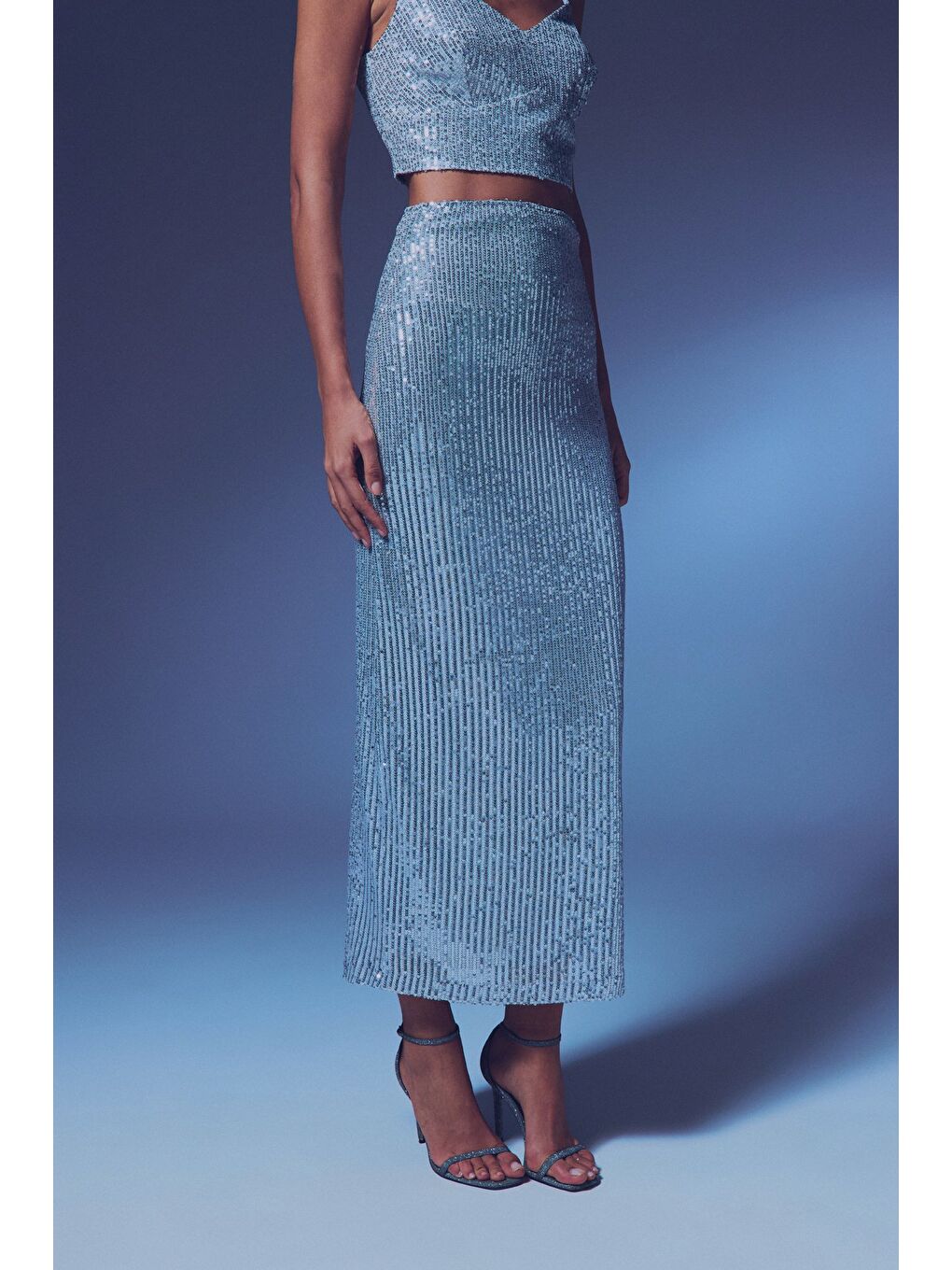 Gri Fermuarlı Karolin Midi Etek - Gümüş-4