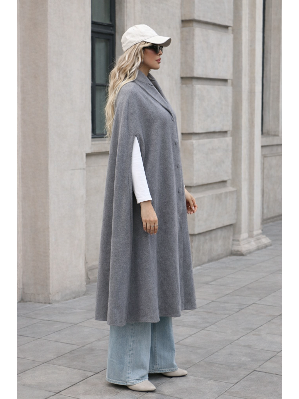 Gri Kadın Düğmeli Premium Comfort Füme Kaşe Panço-2