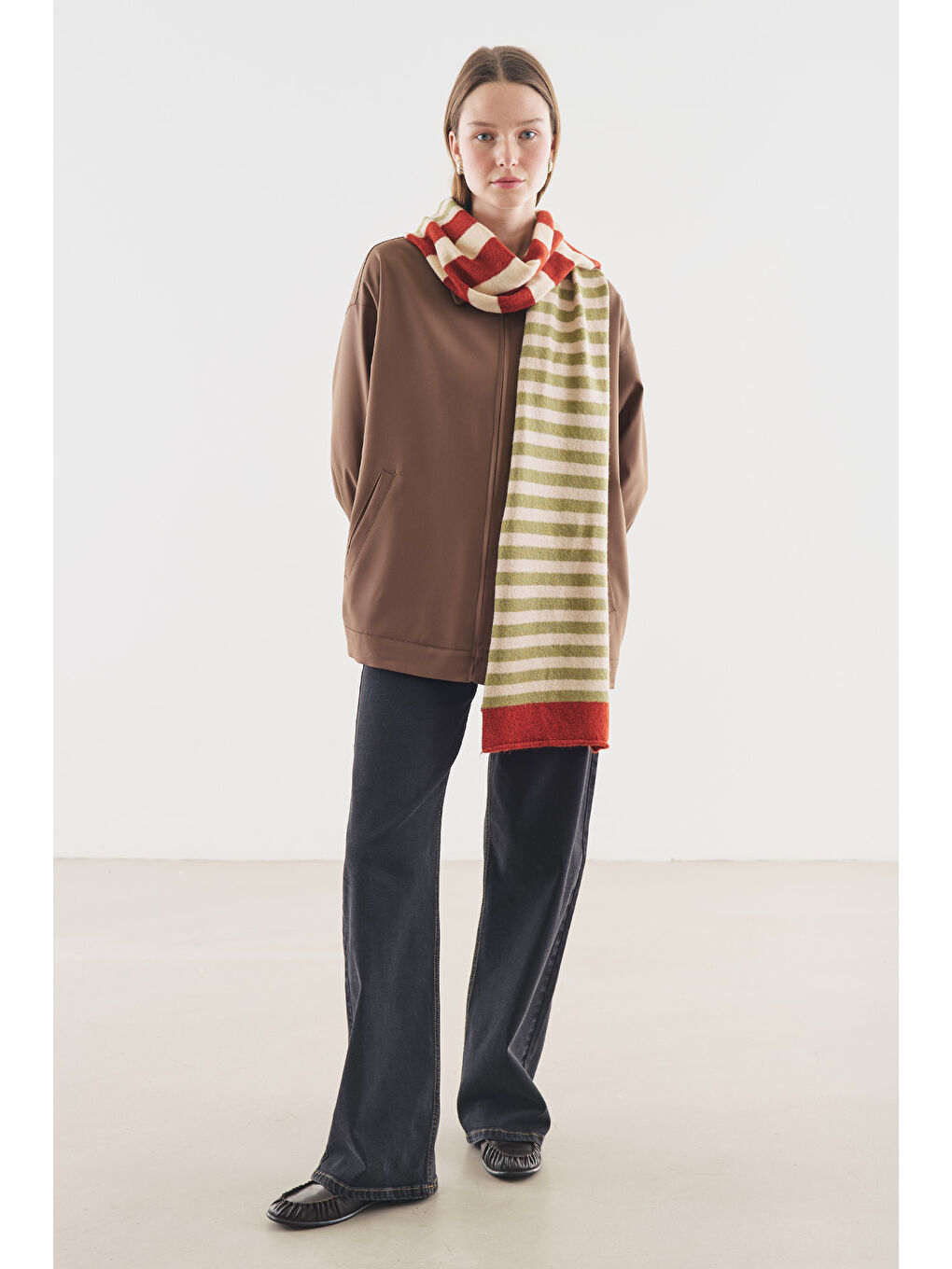 Çizgili Uzun Atkı Ekru-2