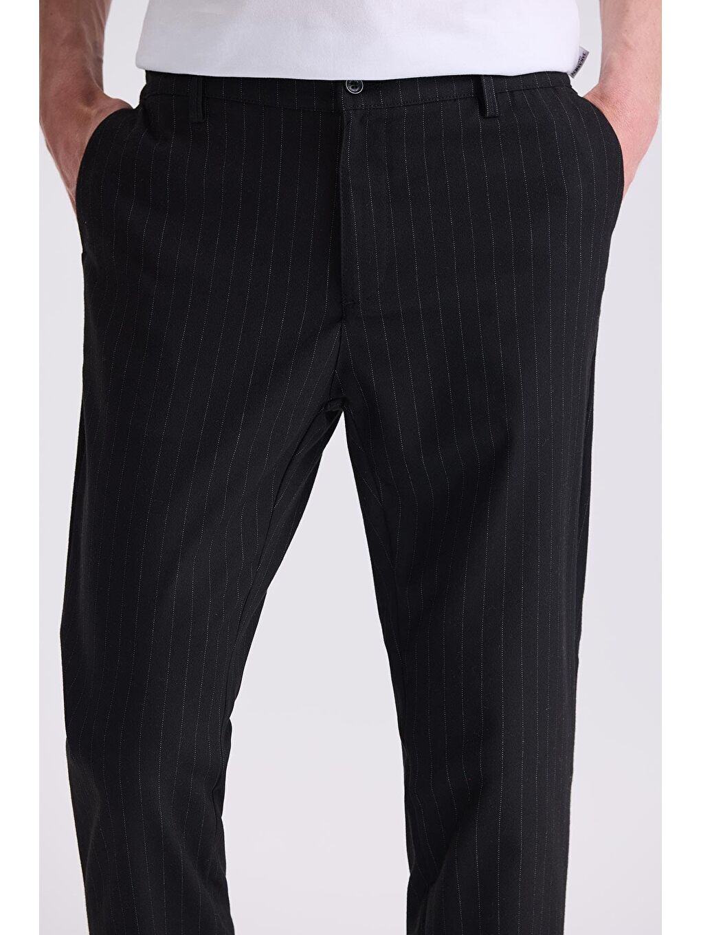 Siyah Slim Fit Cizgili Kanvas Pantolon-2