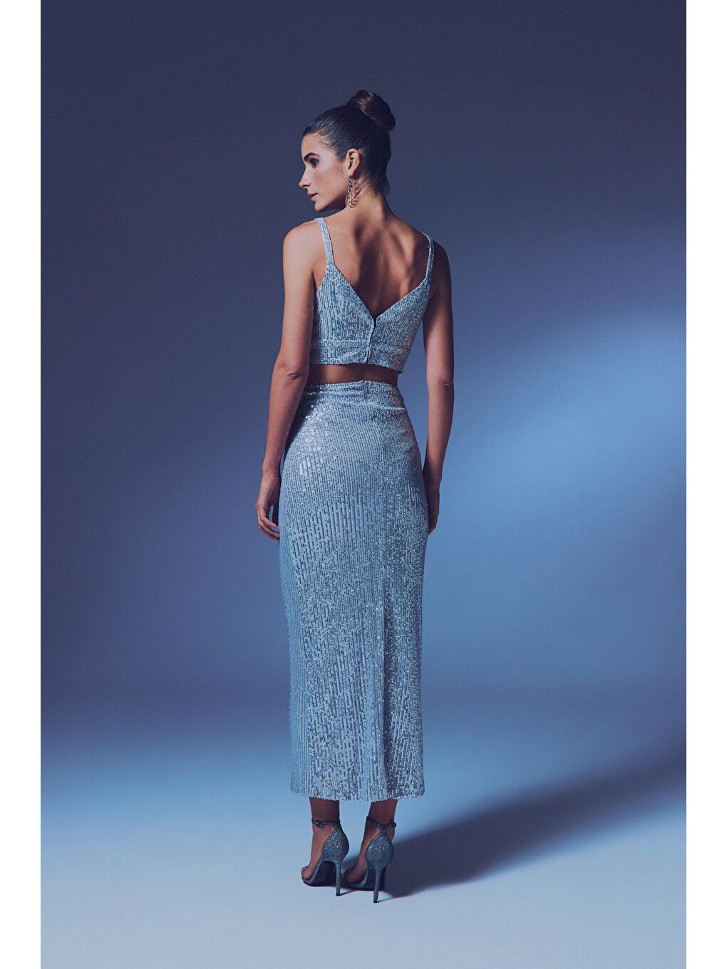 Gri Fermuarlı Karolin Midi Etek - Gümüş-6