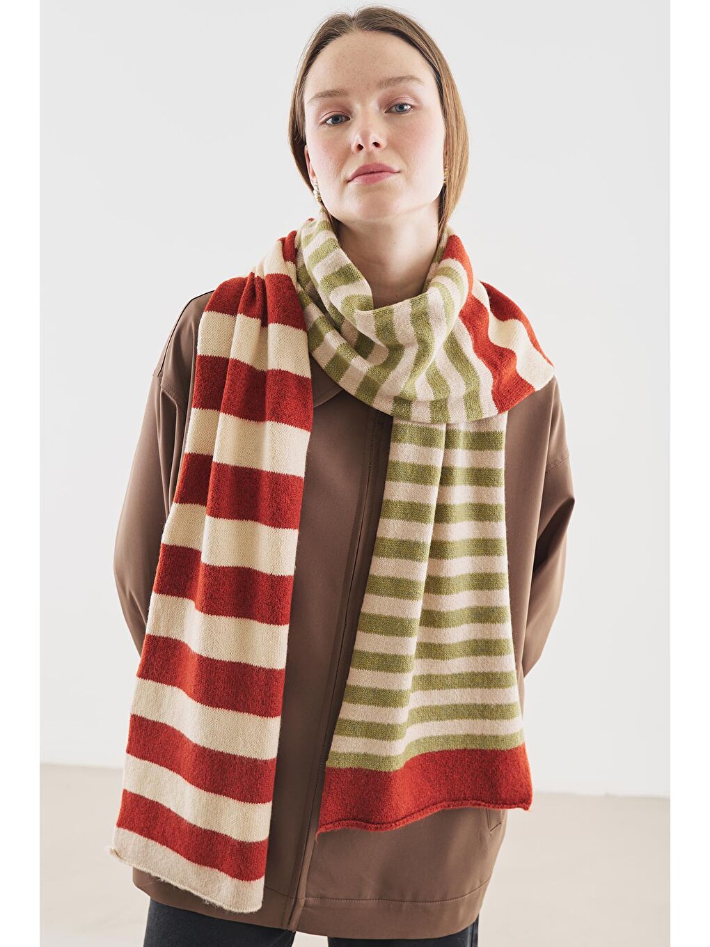 Çizgili Uzun Atkı Ekru-3