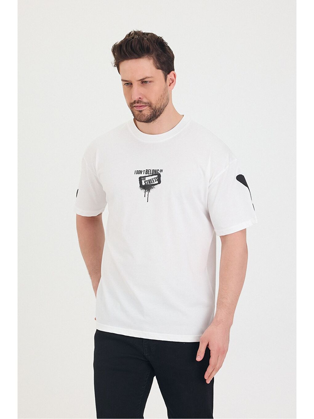 Beyaz Bisiklet Yaka Oversize Ön ve Arka Baskılı Salaş Unisex Tişört-2