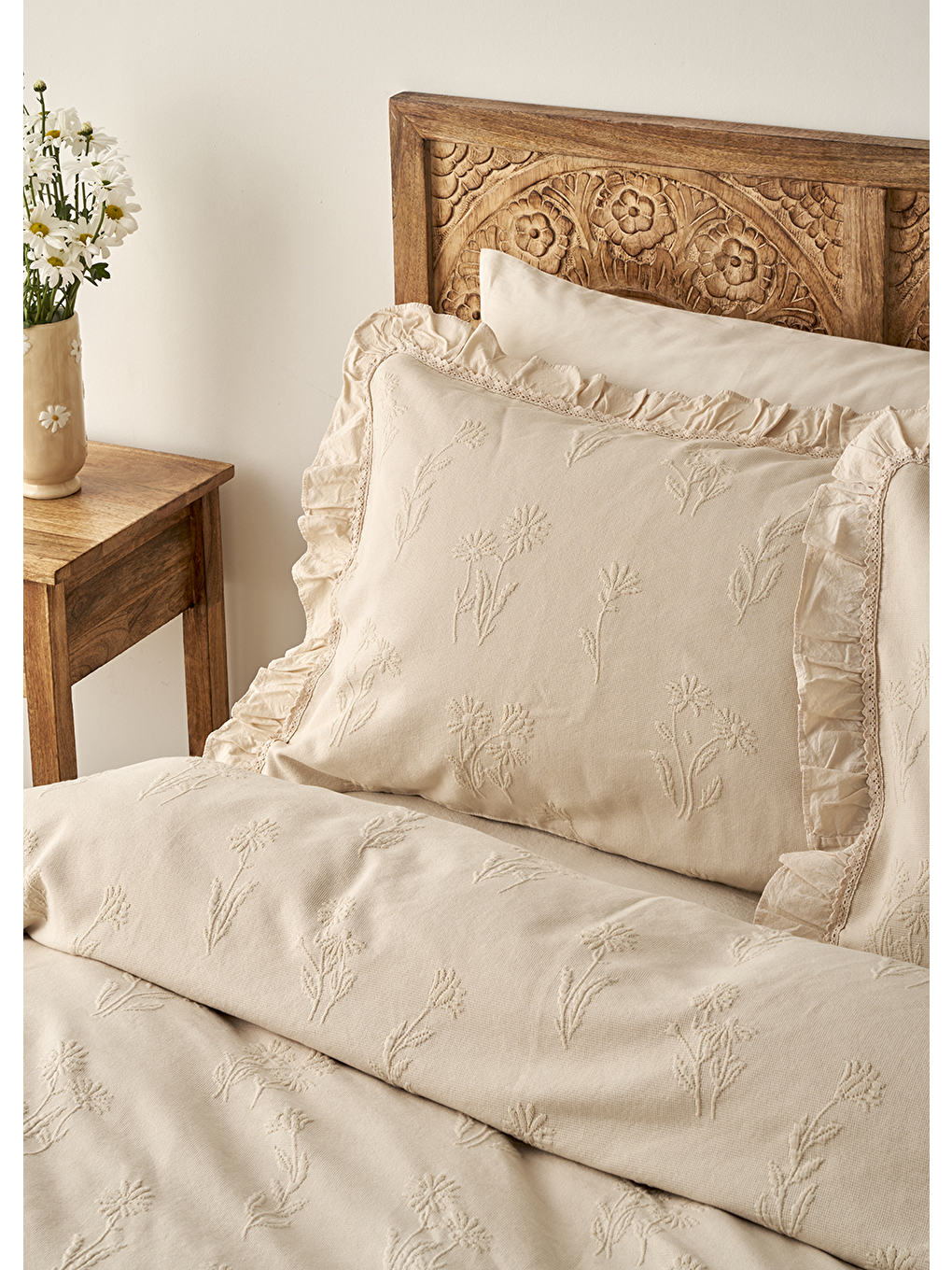 %100 Pamuk Daisy Jakarlı Çift Kişilik Yatak Örtüsü Seti Bej (240x260 cm)-1