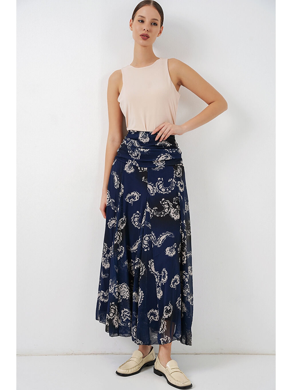 Kadın Desenli Şifon Etek 8057 - Lacivert-4