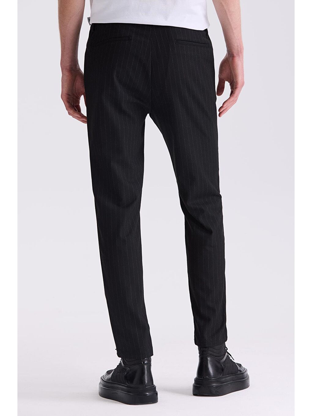 Siyah Slim Fit Cizgili Kanvas Pantolon-3