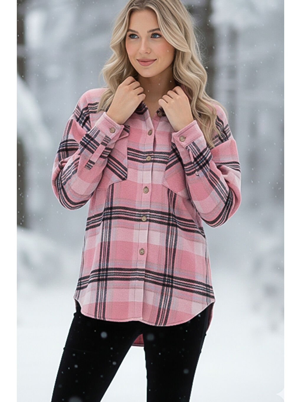 Pembe-Siyah Gömlek Yaka Manşetli Kollu Ekose Çift Kapaklı Cepli Kalın Oversize Dokuma Gömlek 68 66-3