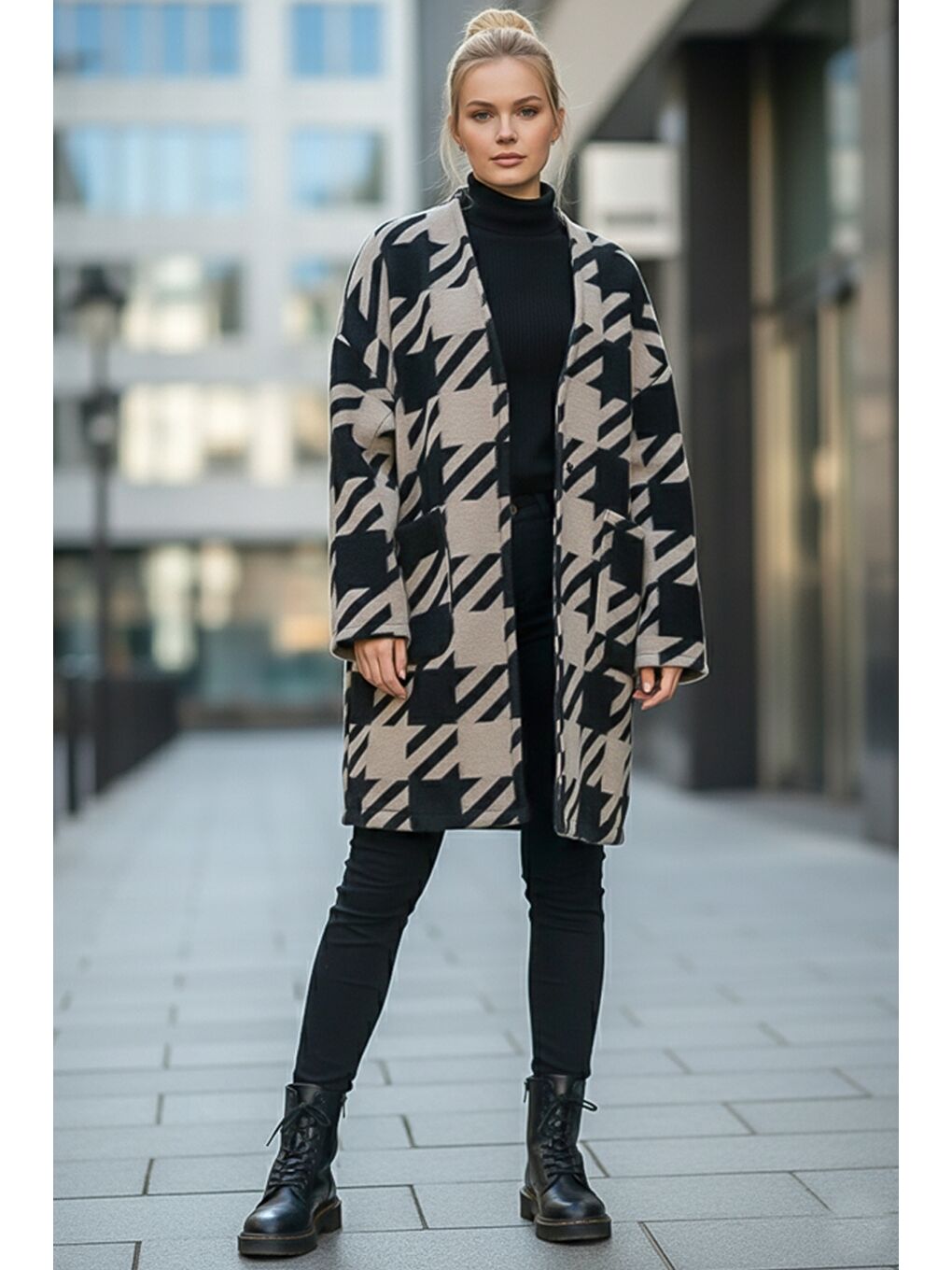 İtalyan Siyah-Bej Kimono Yaka Uzun Kol Kazayağı Kapamasız Cepli Casual Kaşe Dokuma Ceket 100 75