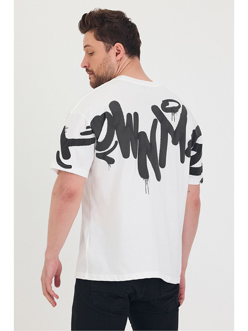 Beyaz Bisiklet Yaka Oversize Ön ve Arka Baskılı Salaş Unisex Tişört-7