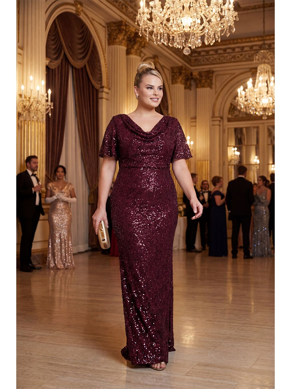 Kadın Mürdüm Dar Kalıp Degaje Yaka Pul Payet Büyük Beden Uzun Abiye-1