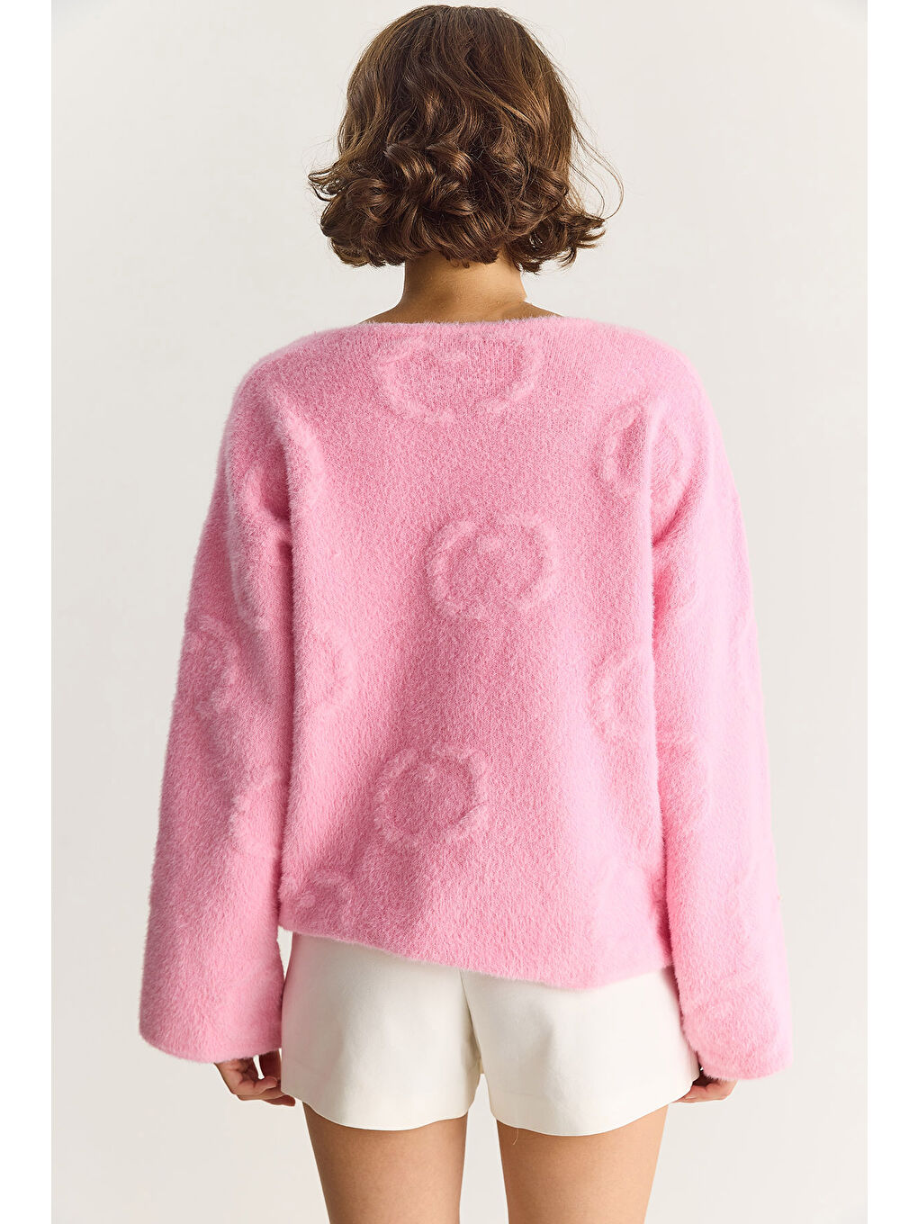 Pembe Kadın V Yaka Yumuşak Dokulu Kabartmalı Önden Bağlamalı Pelüş Hırka w-7