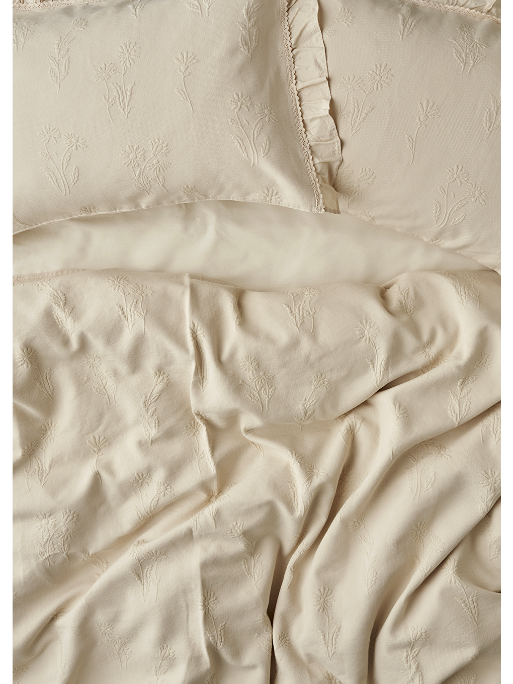%100 Pamuk Daisy Jakarlı Çift Kişilik Yatak Örtüsü Seti Bej (240x260 cm)-2