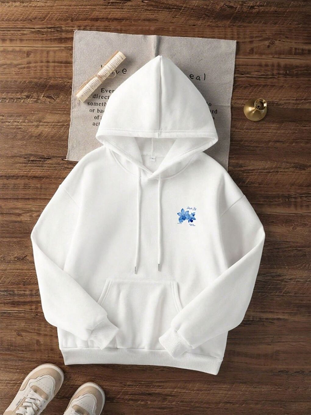 Kadın Beyaz Simple Joy Baskılı Oversize Kapüşonlu Sweatshirt Hoodie