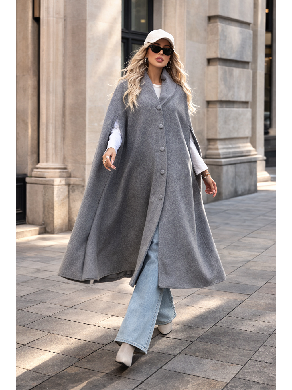 Gri Kadın Düğmeli Premium Comfort Füme Kaşe Panço-3