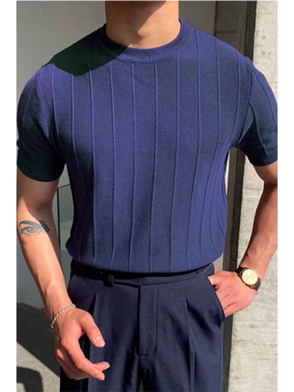 Lacivert Erkek Slim Dar Bisiklet Yaka Düz Triko T-Shirt