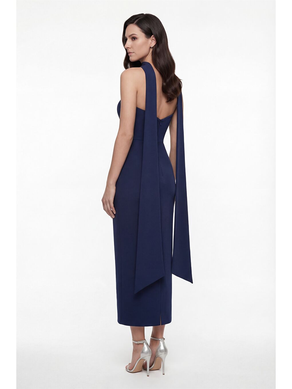 Kadın Lacivert Şal Yaka Midi Söz Nişan Nikah Abiye Elbise-4