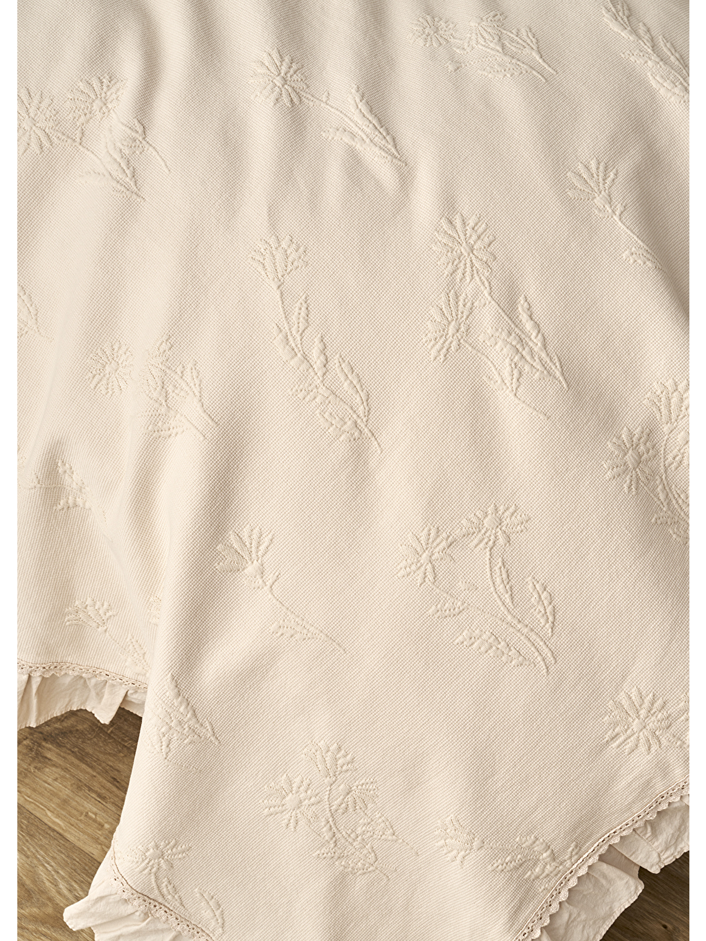%100 Pamuk Daisy Jakarlı Çift Kişilik Yatak Örtüsü Seti Bej (240x260 cm)-3