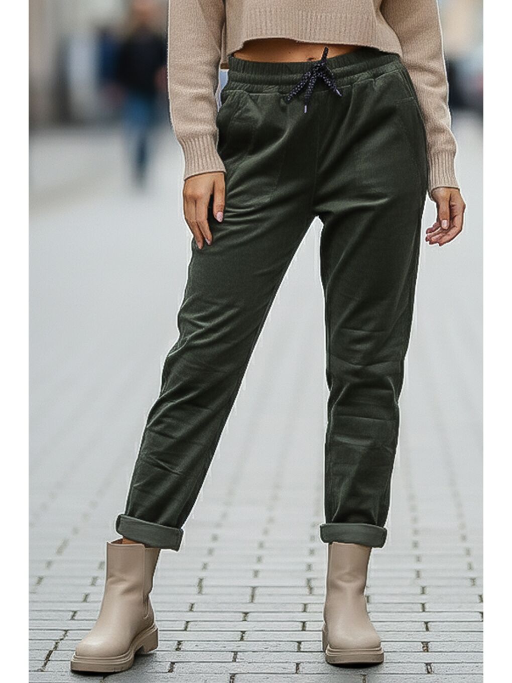 Haki Cepli Lastikli Ve Bağlamalı Bel Jogger Paça Casual Kadife Dokuma Pantolon 100 60