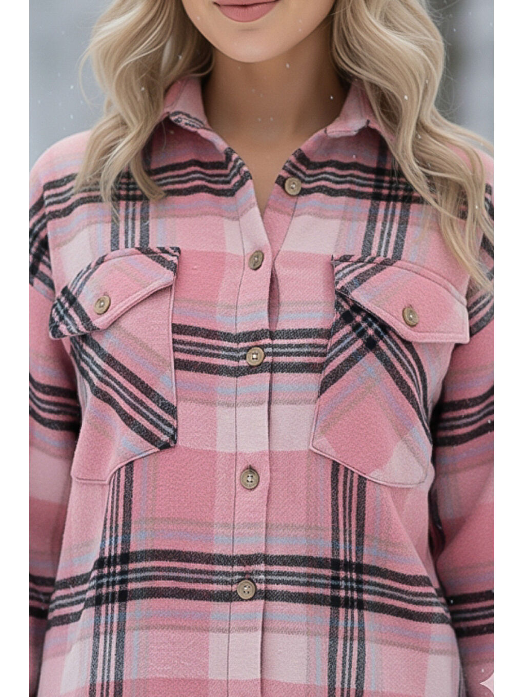 Pembe-Siyah Gömlek Yaka Manşetli Kollu Ekose Çift Kapaklı Cepli Kalın Oversize Dokuma Gömlek 68 66-4