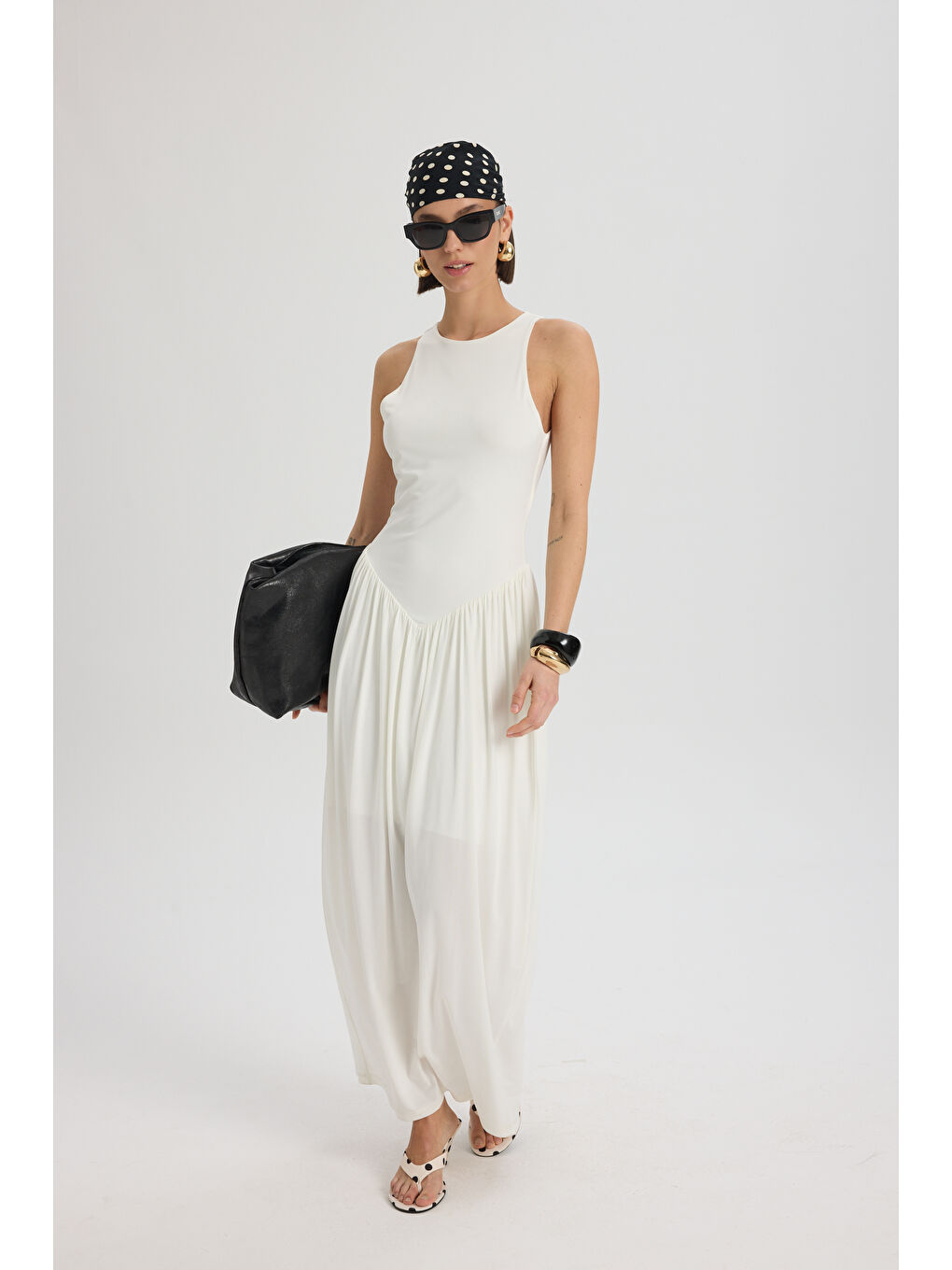 Alenya Üçgen Detay Ekru Uzun Elbise-2