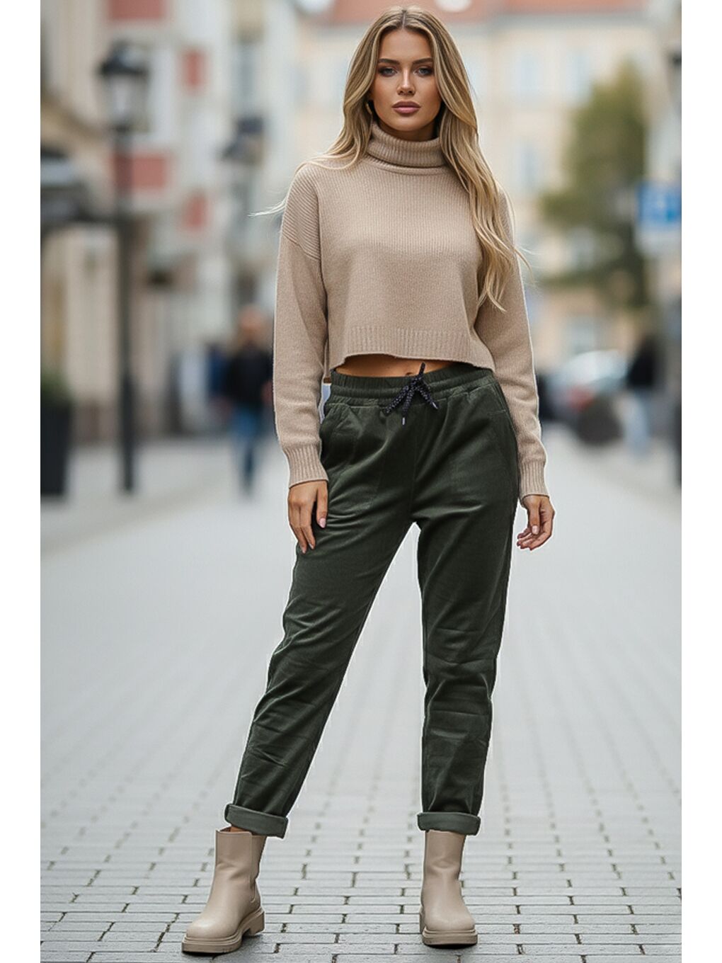 Haki Cepli Lastikli Ve Bağlamalı Bel Jogger Paça Casual Kadife Dokuma Pantolon 100 60-1