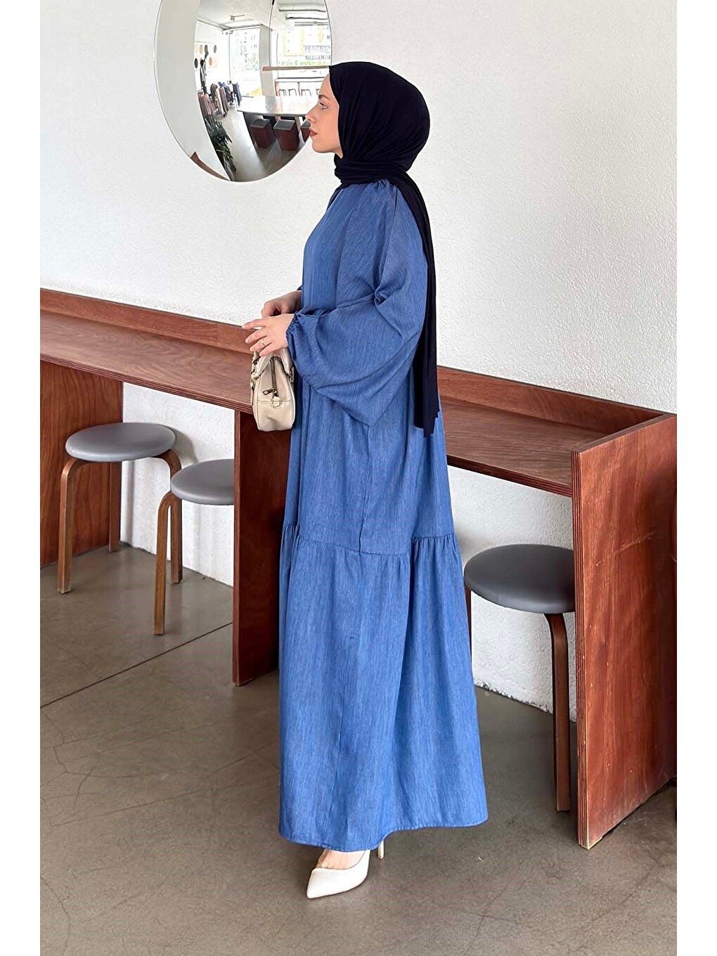 Balon Kol Katlı Yazlık Elbise Jean Mavisi-1