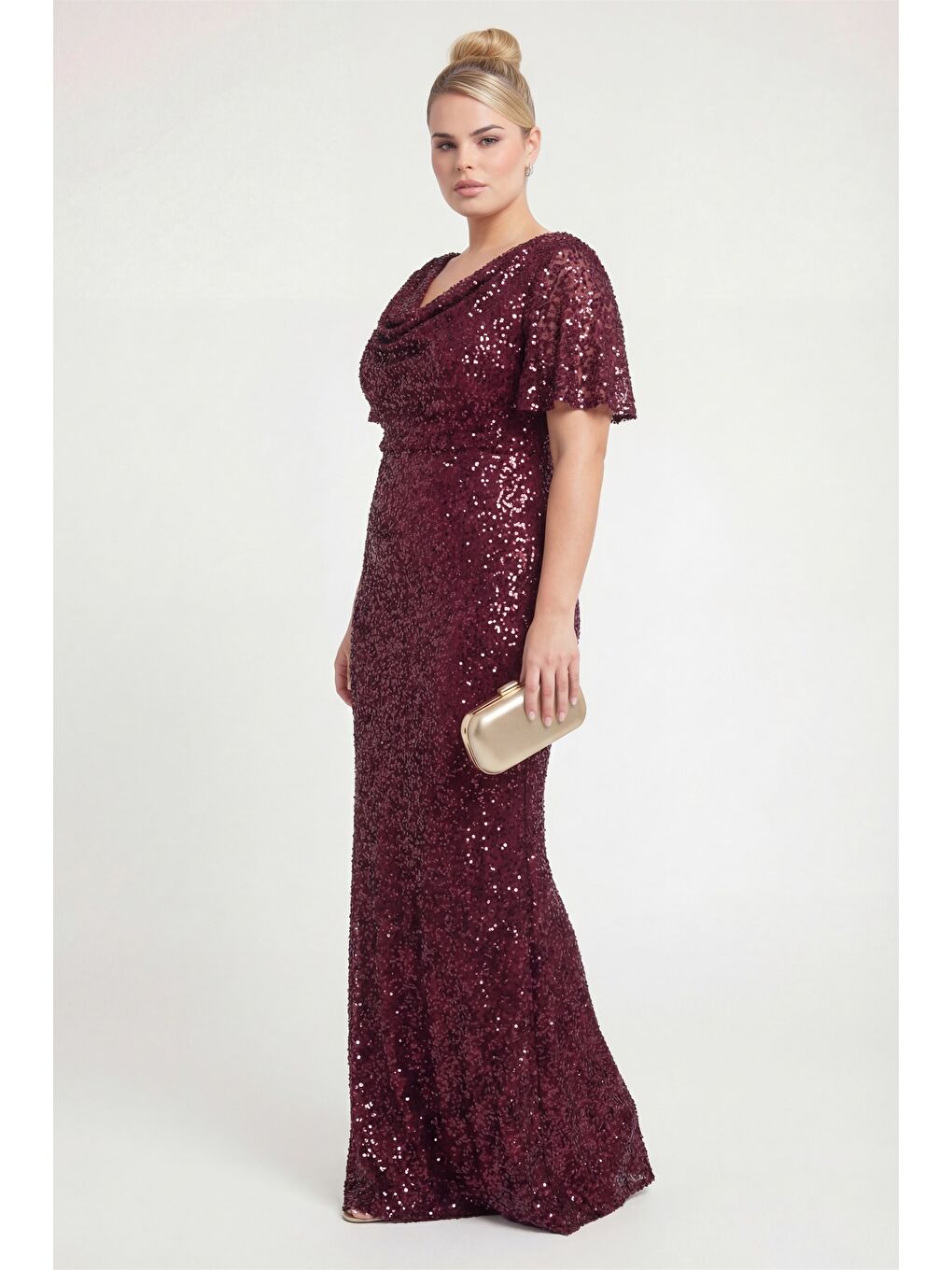 Kadın Mürdüm Dar Kalıp Degaje Yaka Pul Payet Büyük Beden Uzun Abiye-2