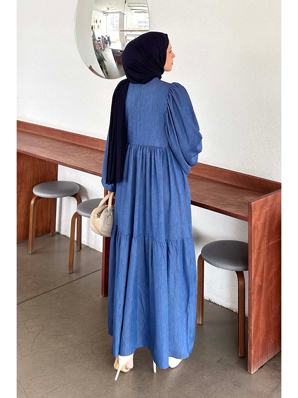 Balon Kol Katlı Yazlık Elbise Jean Mavisi-3