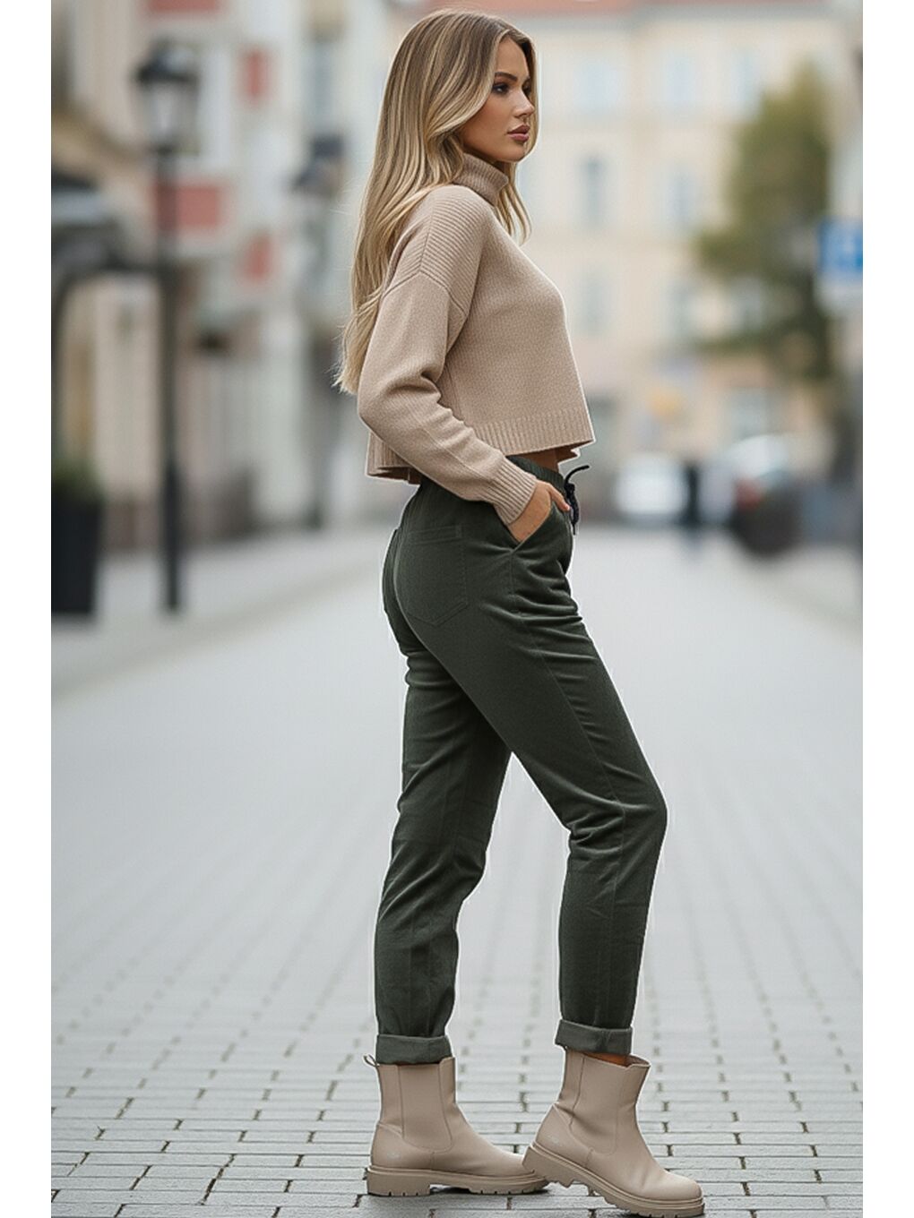 Haki Cepli Lastikli Ve Bağlamalı Bel Jogger Paça Casual Kadife Dokuma Pantolon 100 60-2