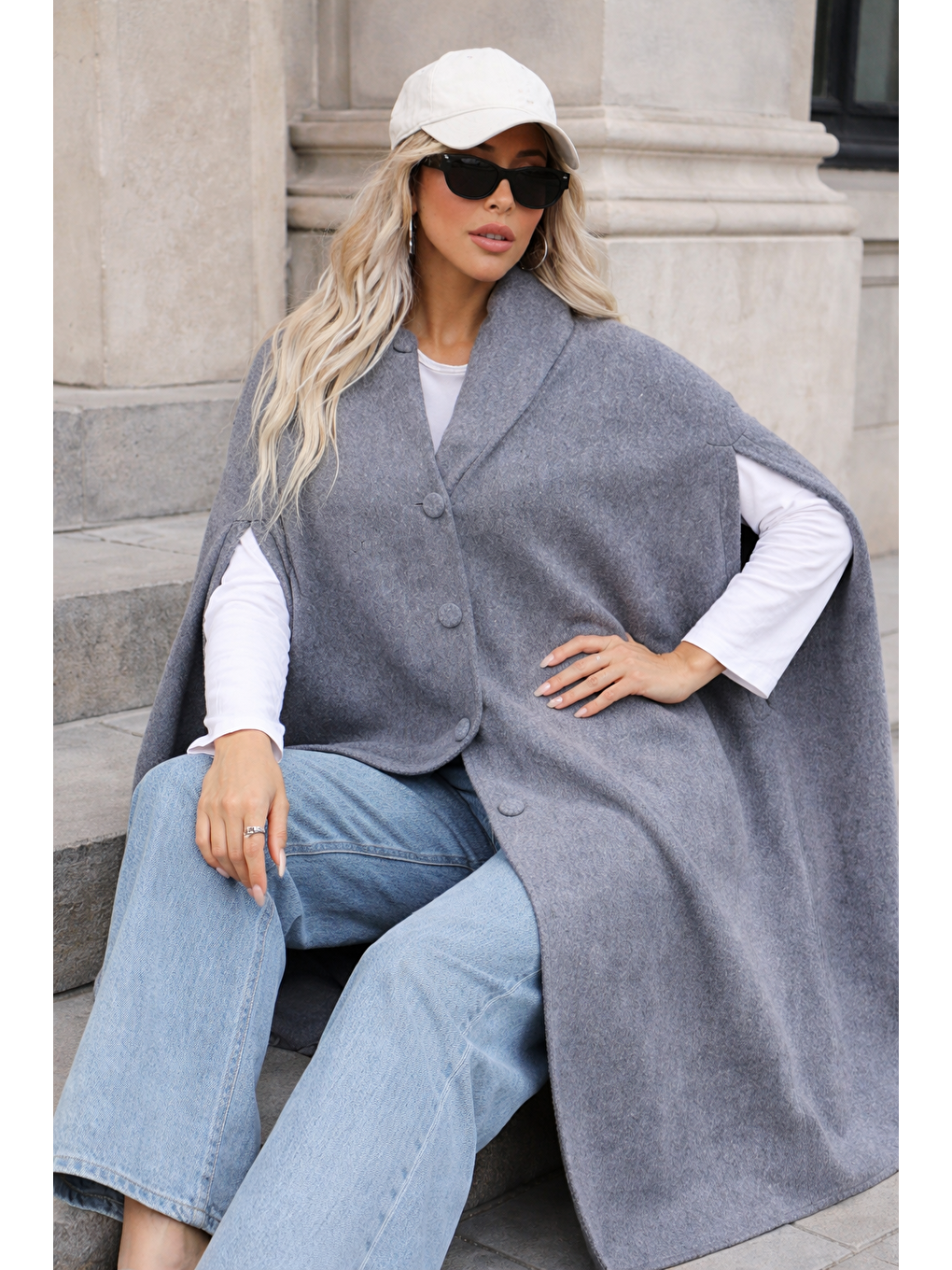 Gri Kadın Düğmeli Premium Comfort Füme Kaşe Panço-4