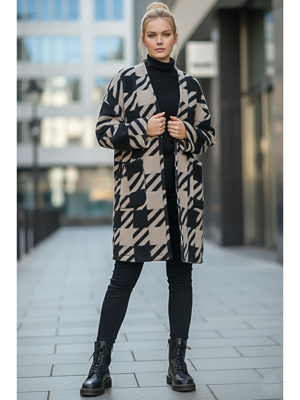 İtalyan Siyah-Bej Kimono Yaka Uzun Kol Kazayağı Kapamasız Cepli Casual Kaşe Dokuma Ceket 100 75-1