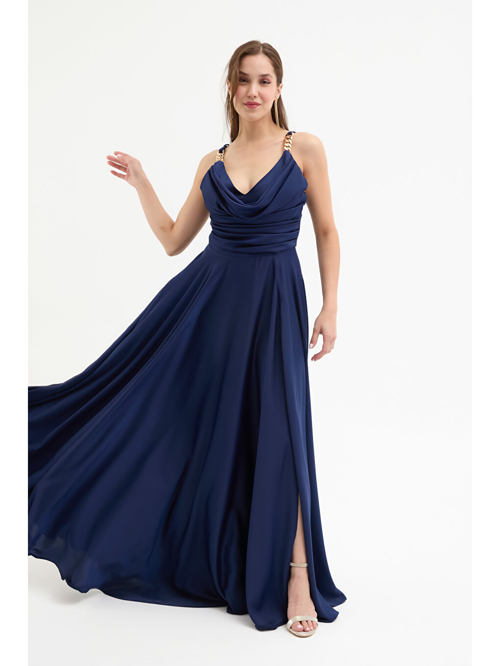 Kadın Lacivert Gold Aksesuarlı Uzun Abiye Elbise