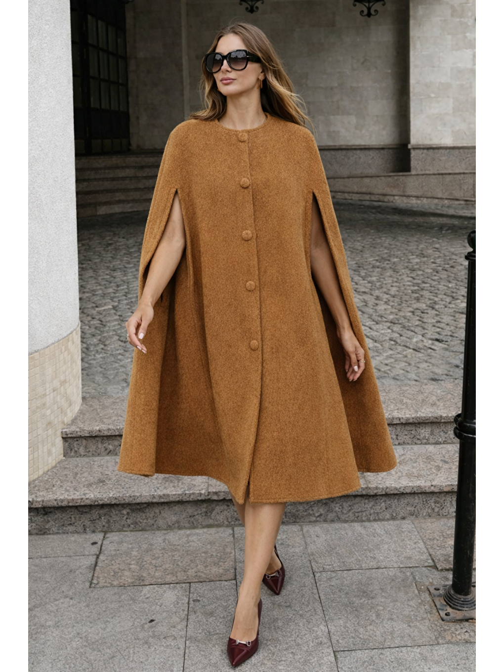 Kahverengi Kadın Kolsuz Relax Fit Kahve Kaşe Panço-3