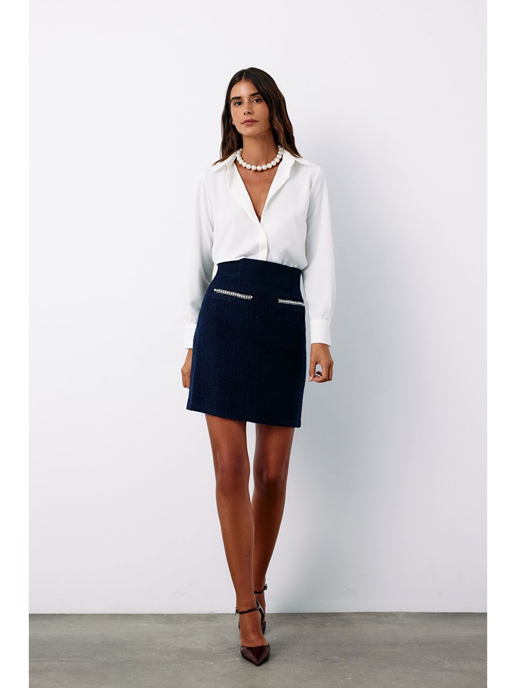 Aksesuar Detaylı Tüvit Etek - Lacivert-5