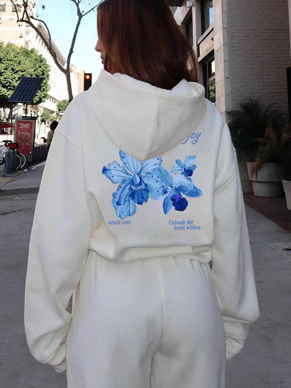 Kadın Beyaz Simple Joy Baskılı Oversize Kapüşonlu Sweatshirt Hoodie-1