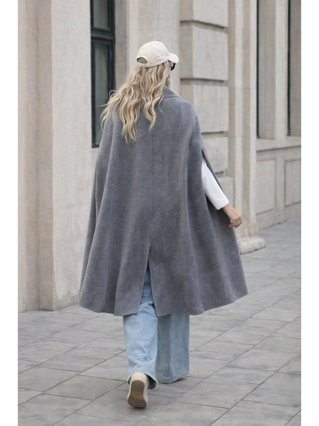 Gri Kadın Düğmeli Premium Comfort Füme Kaşe Panço-5