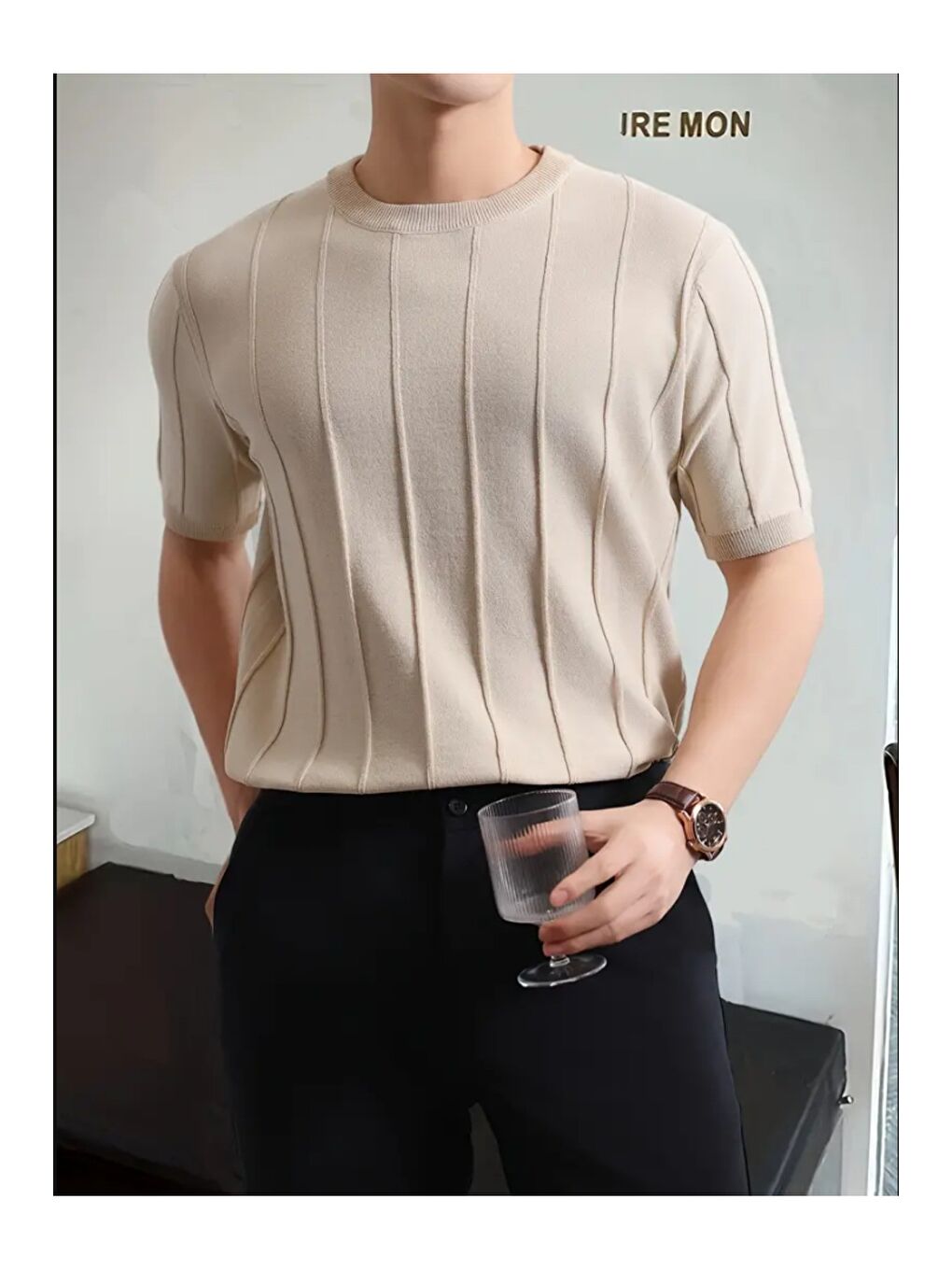 Bej Erkek Slim Dar Bisiklet Yaka Düz Triko T-Shirt