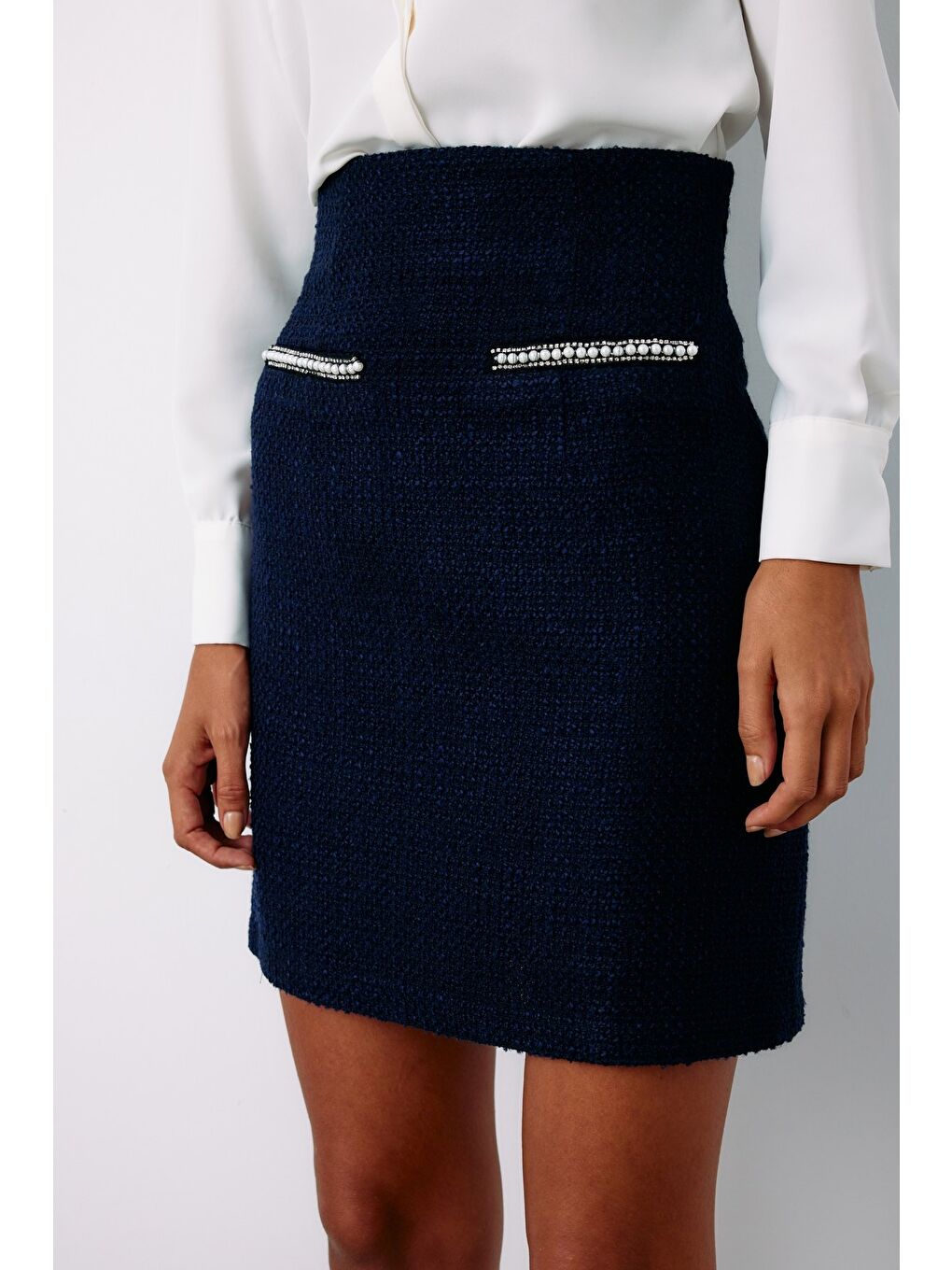Aksesuar Detaylı Tüvit Etek - Lacivert-6