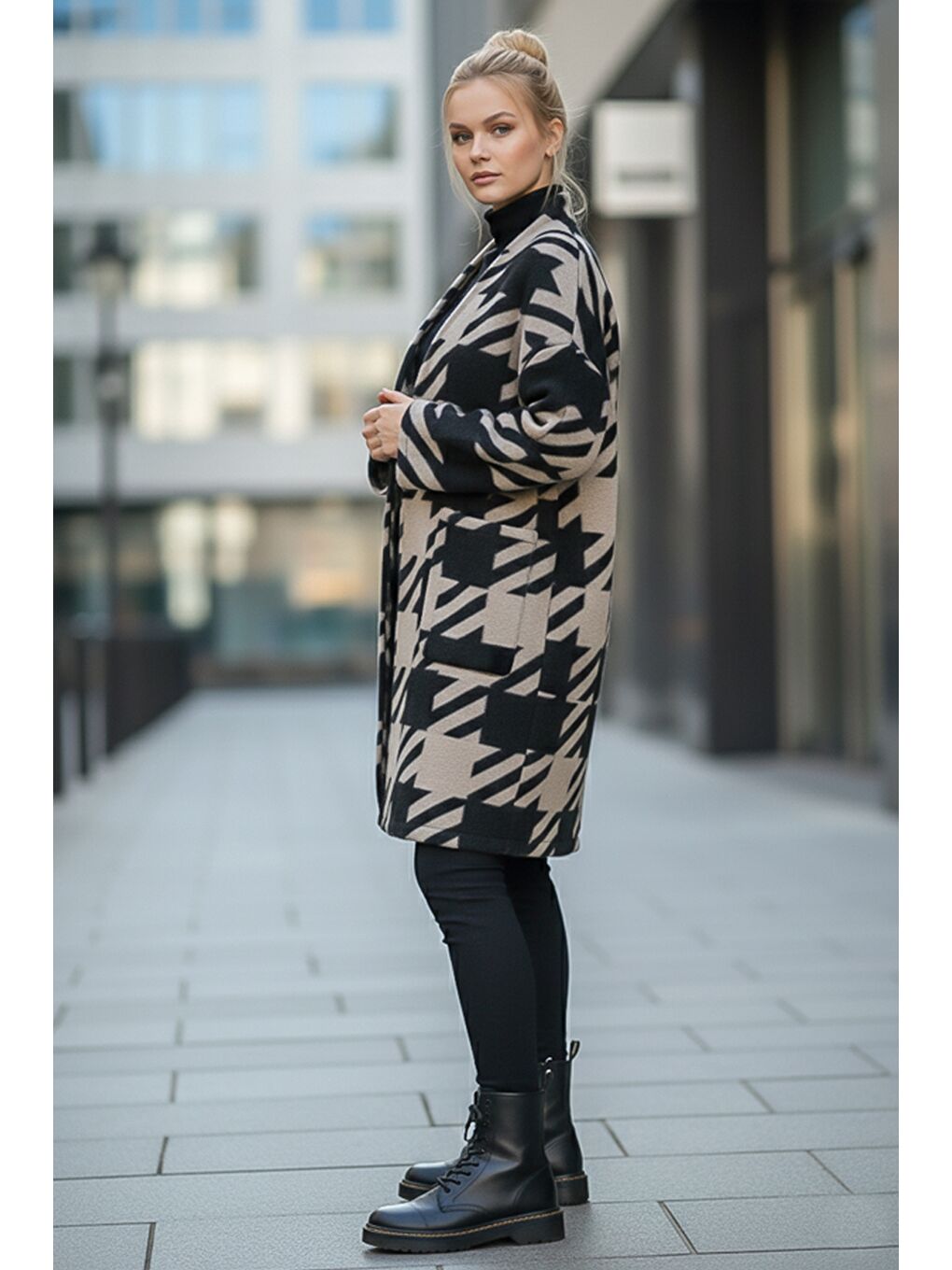 İtalyan Siyah-Bej Kimono Yaka Uzun Kol Kazayağı Kapamasız Cepli Casual Kaşe Dokuma Ceket 100 75-2