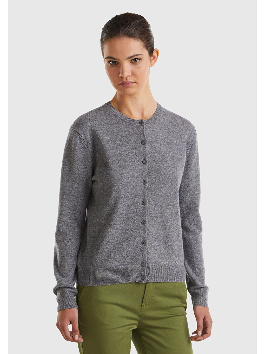 Gri Kadın Antrasit Melanj %100 Merino Bisiklet Yaka Hırka