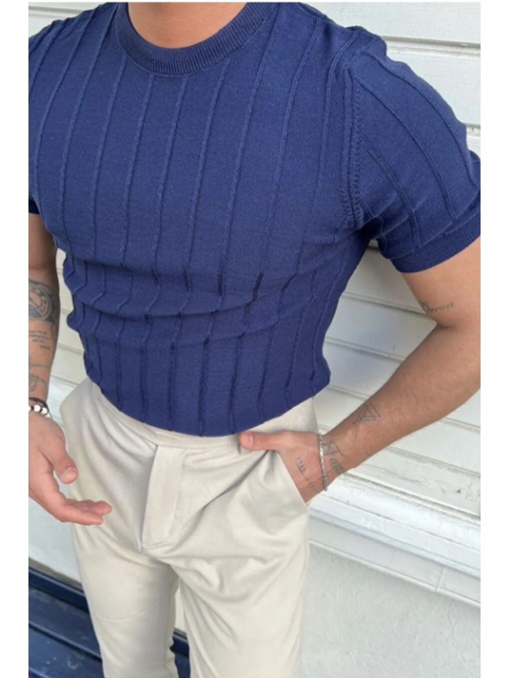 Lacivert Erkek Slim Dar Bisiklet Yaka Düz Triko T-Shirt-1